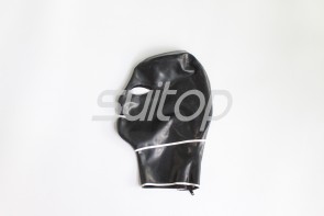 Latex catsuit mask attached neck main in black and white trim color with back zip