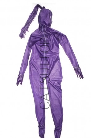  Super quality full cover rubber latex catsuit with hood in purple  color  back zip to navel 3D breast