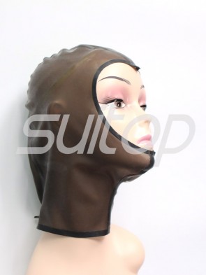 Transparent black  latex hood open face with back zip for adults