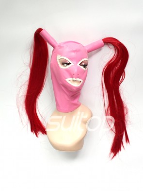 Handmade latex hoods with wig hairs and open eyes and mouth in pink color for women