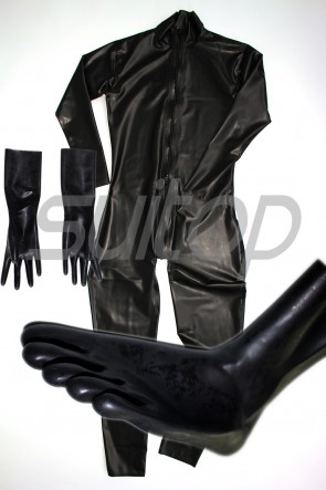 custom sized black 0,4mm Male 's latex catsuit with separate toe socks (with fingers) and gloves Front zipper to buttocks