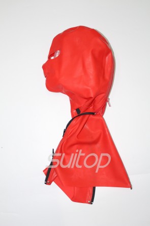 Latex hoods red with black zipper, open eyes, nostrils, mouth, front and back zipper  