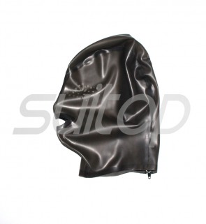 Latex Hoods rubber mask net hole eys for ault with back zip in trasparent black and black