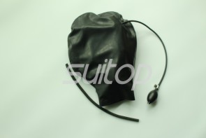 Inflatable plug design adults' black gap latex hood tube with back zip and made of 0.4mm thickness natural latex