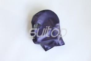 Latex hood metallic purple head cover head neck develop holes and eyes nose and mouth