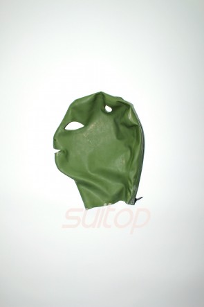 Adult's green latex hoods open eyes & nostrils & mouth with bowknots and attached back zip