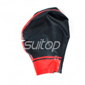Adult's black latex hood open mouth & nostrils with red trim color decoration attached back zipper