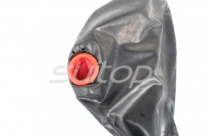 Latex hoods don't open  eyes and put  mouth in it  black with red 