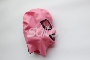 100% handmade metallic pinkr latex hood open eyes and mouth with black trim decorations three-dimensional cropping