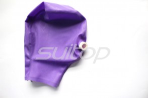 Latex hoods open nostrils no eyes open purple the mouth has white tubes 