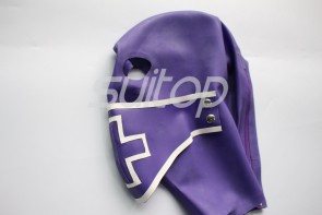 Head latex hoods new purple and white mask with buttons mask with buttons  rubber hoods open nostrils and mouth with back zip