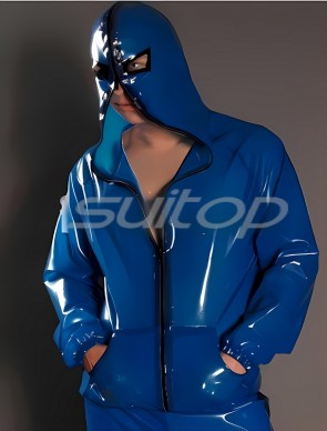  Men's Latex with Cap or Hood New Jacket Top Blue Front Zipper