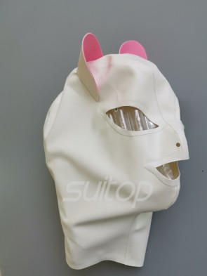 Suitop animal cat latex Hoods rubber mask for ault in white with pink back zip sm