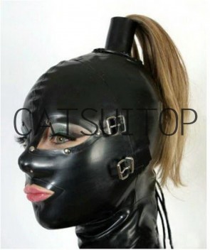 CATSUITOP Black full head rubber latex hood masks(open eyes and mouth)with  tail tube and rivets around the eyes mouth blindfold covers 
